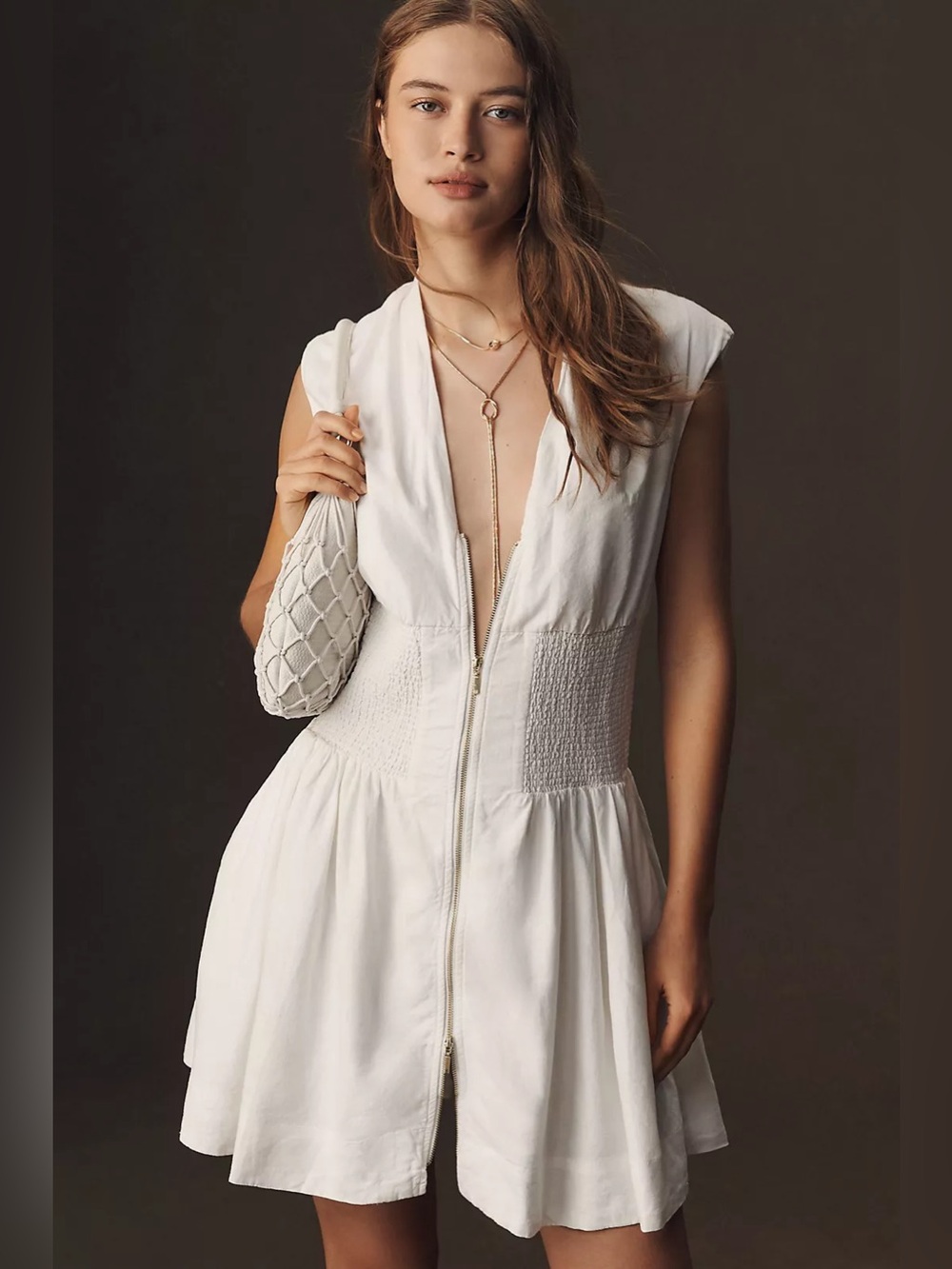 Anthropologie || Maeve Tommie Smocked Front-Zip Shirt Dress Linen‎ Mini White M